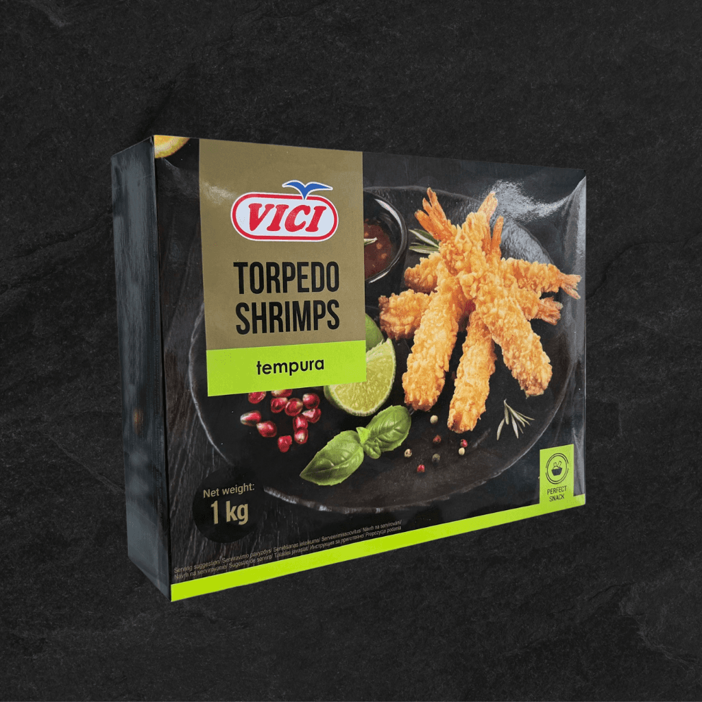 Šaldytos krevetės džiūvesėliuose, su uodega, TORPEDO, (50x20g),. 1 kg